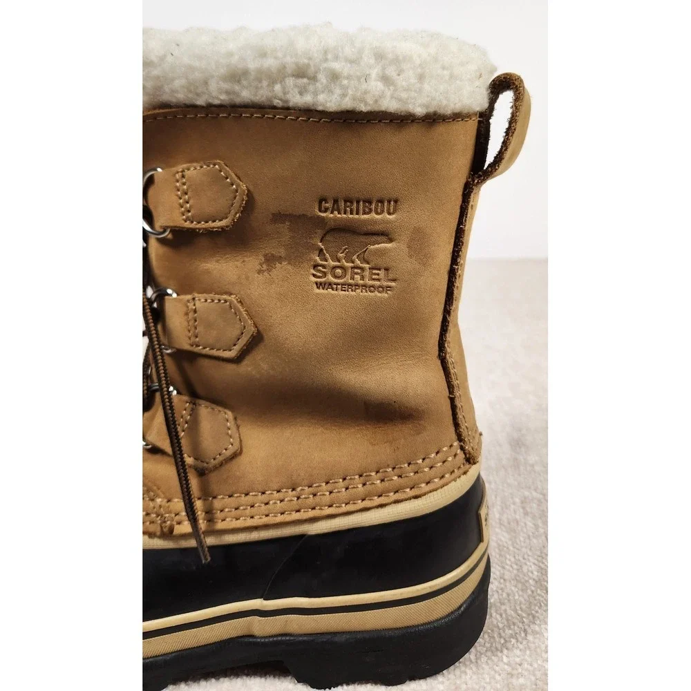 Sorel Caribou Waterproof Winter Snow Boots Youth Size 2 Tan Black Faux Fur